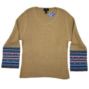 Woman's Mercer Madison Beige Tan Bohemian Design Sleeves Round Neck Sweater 2X